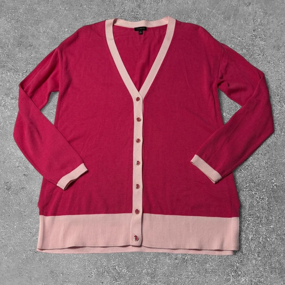 Talbots Pink Cardigan Sweater Light Pink Trim V-Neck Cotton Rayon Women Size S